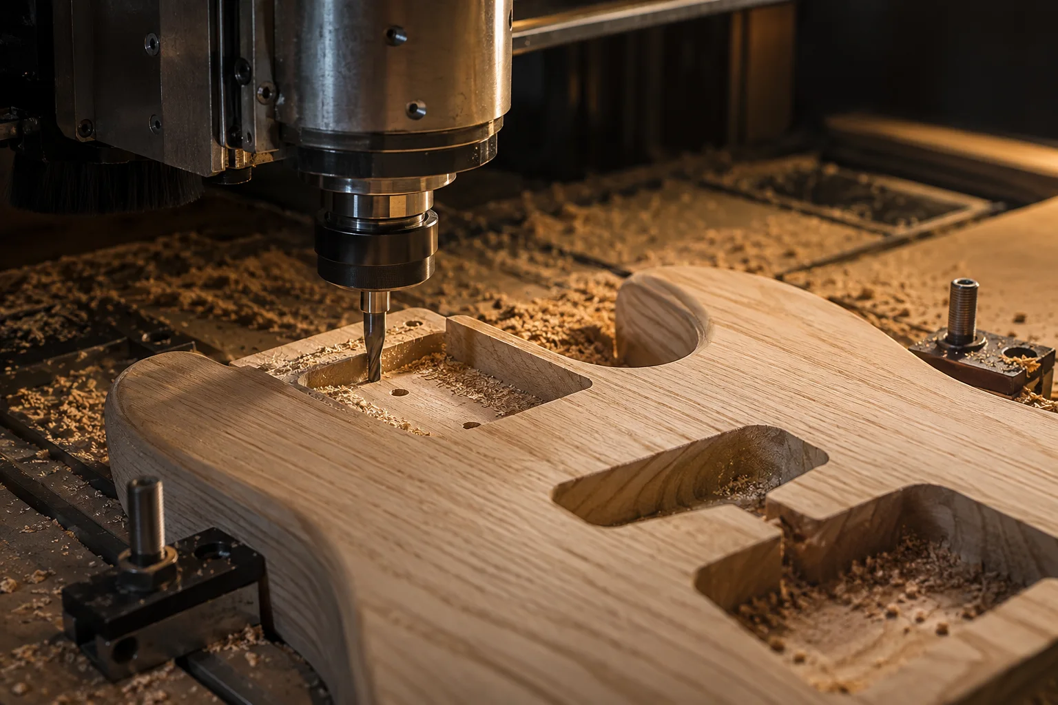 CNC router cutting an unfinished electric guitar body