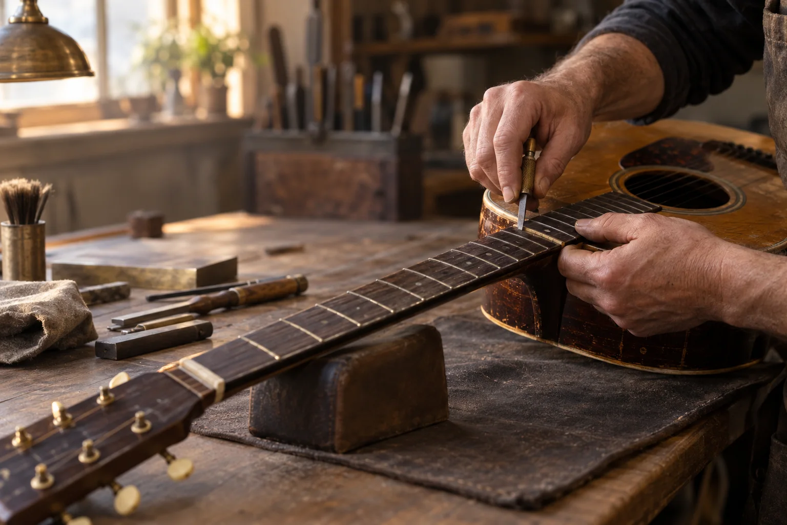 Close view of a guitar neck being repaired at a luthier's workbench